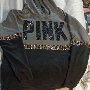 PINK Sequin Logo Colorblock Hoodie with Leopard Trim